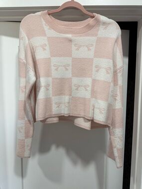 Sincerely Jules Pink and White Checker Knit Sweater with Bow Details